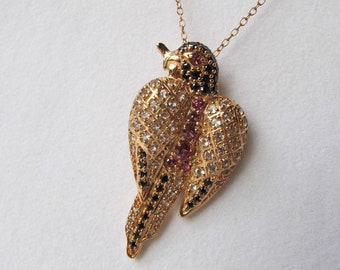 Sterling Parrot Gemstone Necklace, Onyx, Garnet, CZ, Bird Jewelry, Parrot Gift, Tropical Bird