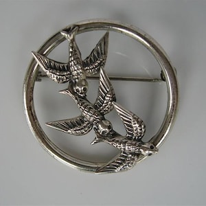Sterling Silver Flying Swallows Pin, Three Birds, Art Deco, Bird Lover Gift, Dainty