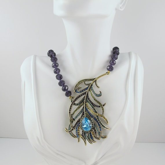 Heidi Daus Feather Necklace, Peacock, Amethyst Gl… - image 2