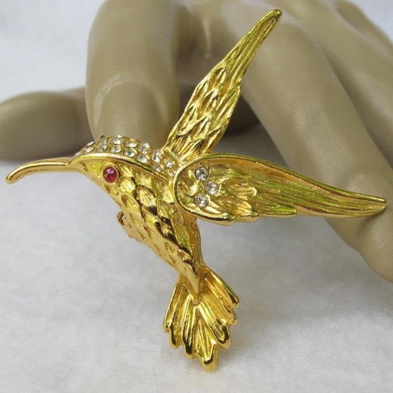 Broche oiseau colibri en métal doré vintage 