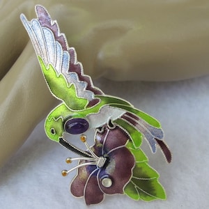 Sterling Cloisonne Enamel Hummingbird Pin with Amethyst, New Old Stock, Bird in Flight, Sign of Spring, February Birthstone