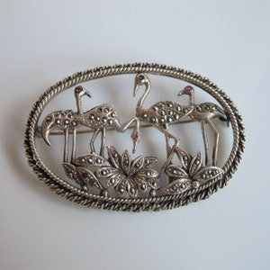 Sterling Marcasite Heron Flamingo Pin, Art Deco Crane Brooch, Vintage Heron Jewelry, Four Cranes, Crane Lover