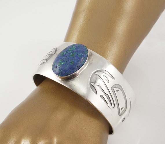 MAG Sterling Raven Cuff with Azurite, D. Dennis, Tlingit, Haida, Tribal, Native American, Pacific Northwest