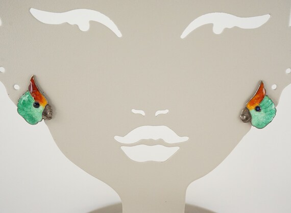 Sterling and Enamel Art Deco Cockatoo Clip-On Ear… - image 3