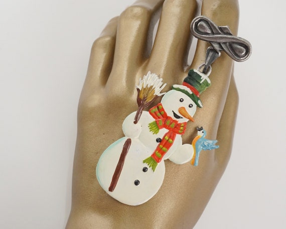 Vintage Snowman with Bluebird Brooch,  Hand Paint… - image 8