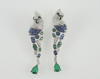 Sterling CZ Cockatoo Parrot Earrings, Green Spinel, Tropical Bird, Animal Jewelry, Parrot Lover, Cockatiel