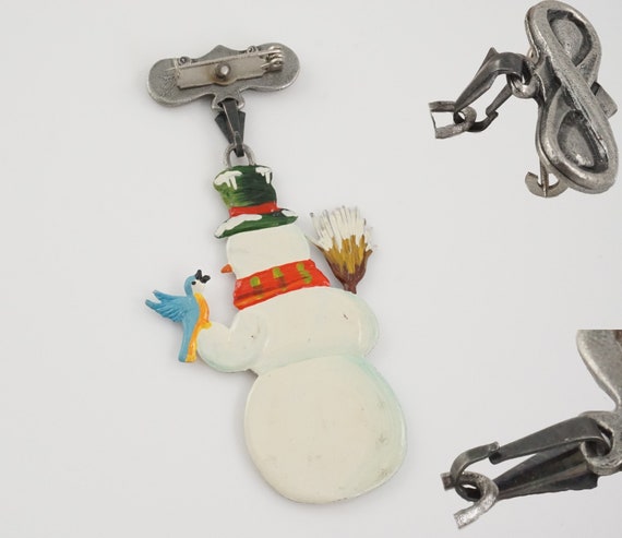 Vintage Snowman with Bluebird Brooch,  Hand Paint… - image 10