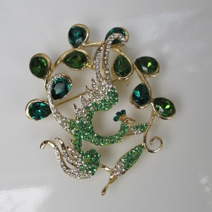 Vintage Peacock Pin with Green Rhinestones, Holiday Bird, Christmas Party Jewelry image 3