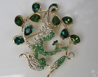 Vintage Peacock Pin with Green Rhinestones, Holiday Bird, Christmas Party Jewelry