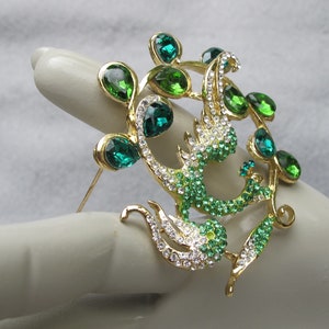 Vintage Peacock Pin with Green Rhinestones, Holiday Bird, Christmas Party Jewelry image 6