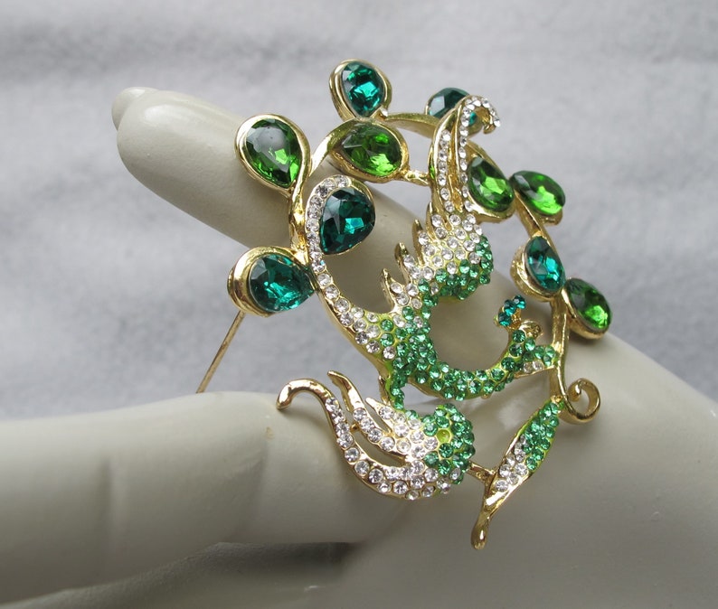 Vintage Peacock Pin with Green Rhinestones, Holiday Bird, Christmas Party Jewelry image 6