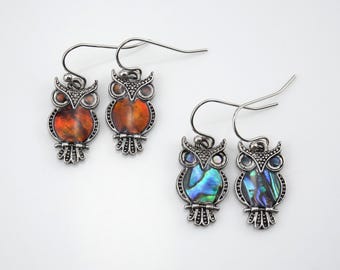 Abalone Owl Dangle Earrings, CHOICE Blue or Topaz, Bird Jewelry, Birdwatcher Gift