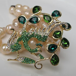 Vintage Peacock Pin with Green Rhinestones, Holiday Bird, Christmas Party Jewelry image 9