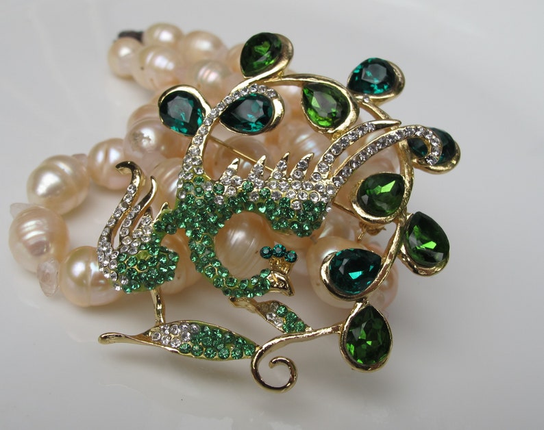 Vintage Peacock Pin with Green Rhinestones, Holiday Bird, Christmas Party Jewelry image 9
