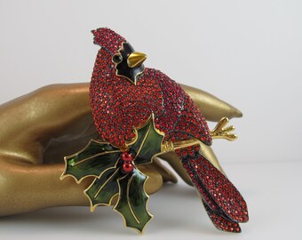 Red Cardinal Rhinestone & Enamel Brooch Pin - Pendant, Silver Plated, Gift Bag