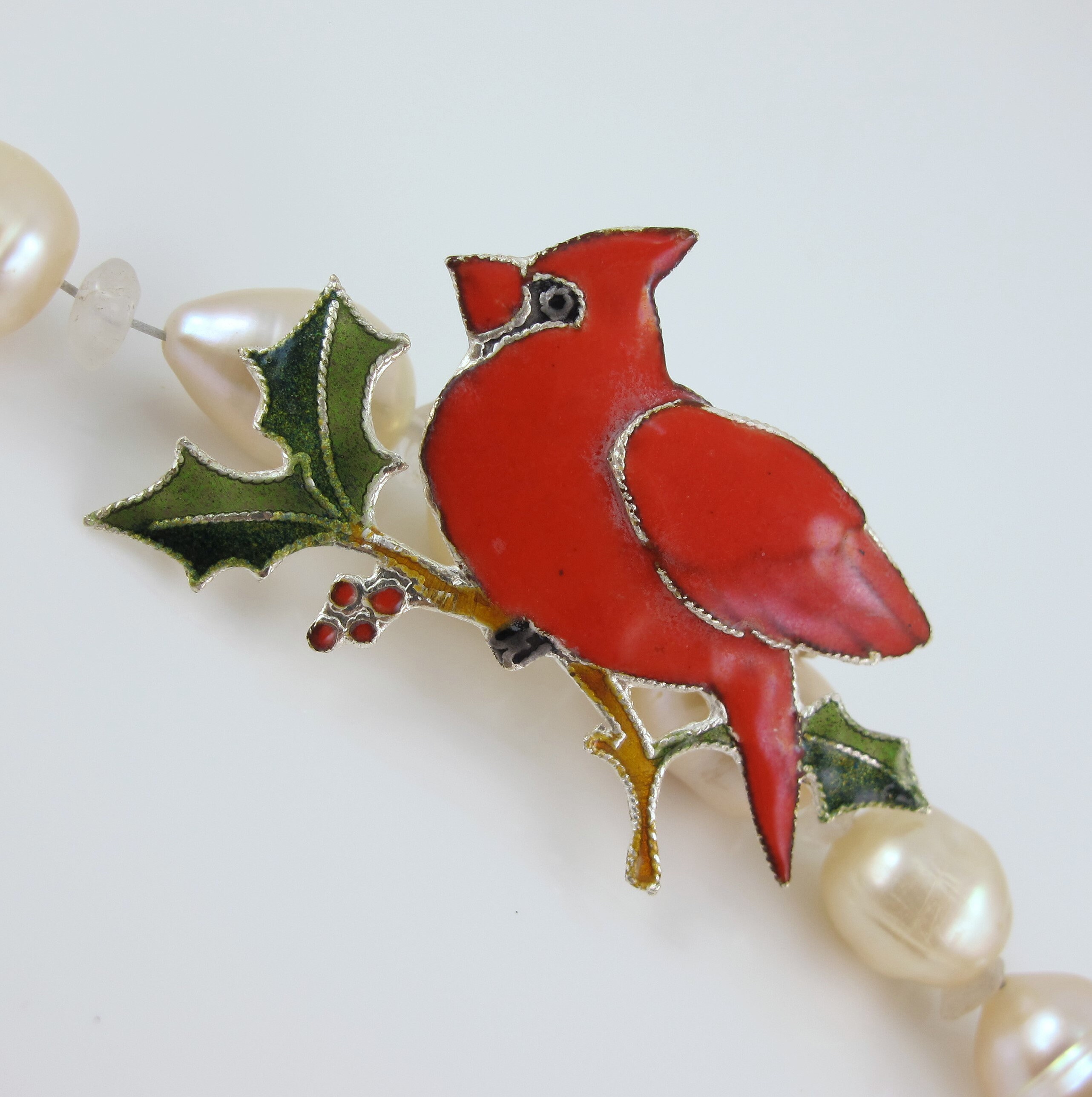 Vintage Sterling and Enamel Christmas Cardinal Pin by Zarah