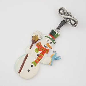 Vintage Snowman with Bluebird Brooch,  Hand Painted, Made of Pewter, Removes from Pin Bar, Christmas Jewelry