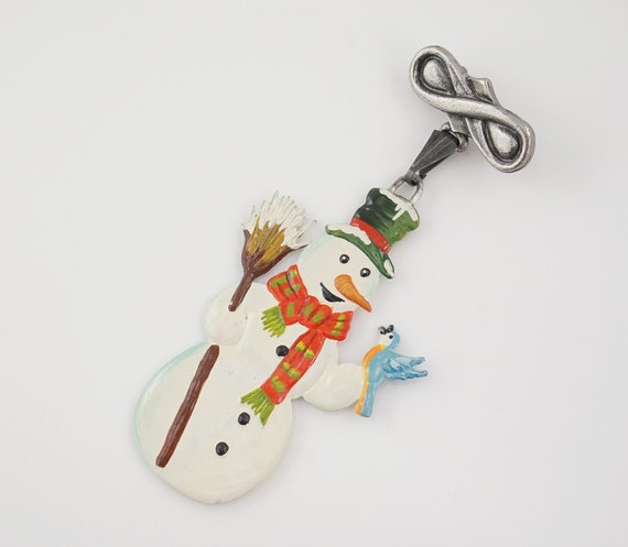 Vintage Snowman with Bluebird Brooch,  Hand Paint… - image 1