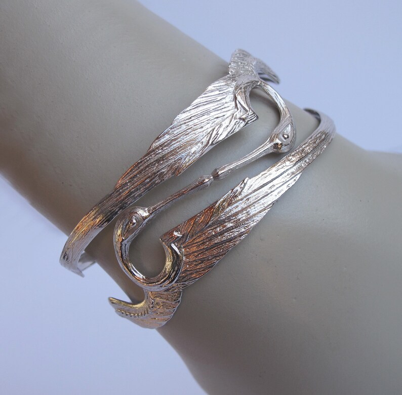 Sterling Kissing Heron Bracelet, Double Crane Cuff, Victorian Style, Heron Lover image 1