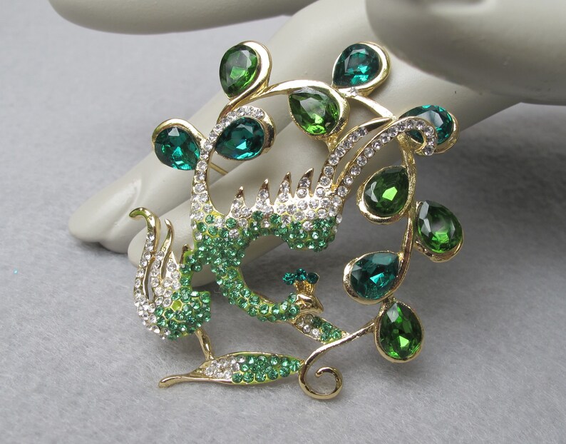 Vintage Peacock Pin with Green Rhinestones, Holiday Bird, Christmas Party Jewelry image 8