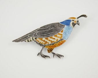 Sterling Cloisonne Quail Bob White Brooch, Fall Colors, Autumn Jewelry, Hunter Gift