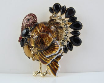 Napier Turkey Brooch with Rhinestones, Thanksgiving, Holiday Jewelry, Pilgrim Bird, Fall Pin