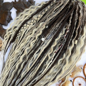 Scandinavian Fairytale, synthetic dreads with curls,transitions from ash brown to white,  feminine viking style