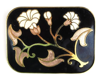Cloisonné Emaille Brosche mit Blumen und Blättern Marke Fisch