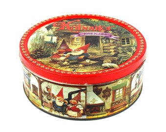 Vintage gnome cookie jar with David and Lisa – round tin with illustrations by Rien Poortvliet, 90s