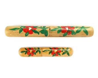 Wooden tube for needles and crochet hooks with floral decoration 70's