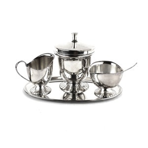 Herbert Hooijkaas Empire cream set with Tea canister, milk jug and sugar bowl with spoon on silver plated Douwe Egberts 4-piece