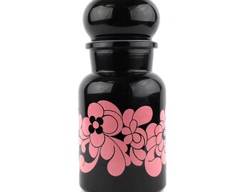Apothecary jar black glass with pink flowers 70&#39;s