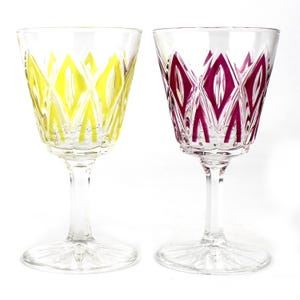 Harlequin liqueur glasses set cut diamond pattern fuchsia yellow VMC Reims France