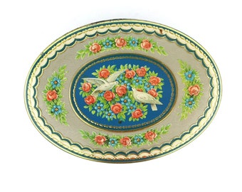 Oval tin with white doves and roses