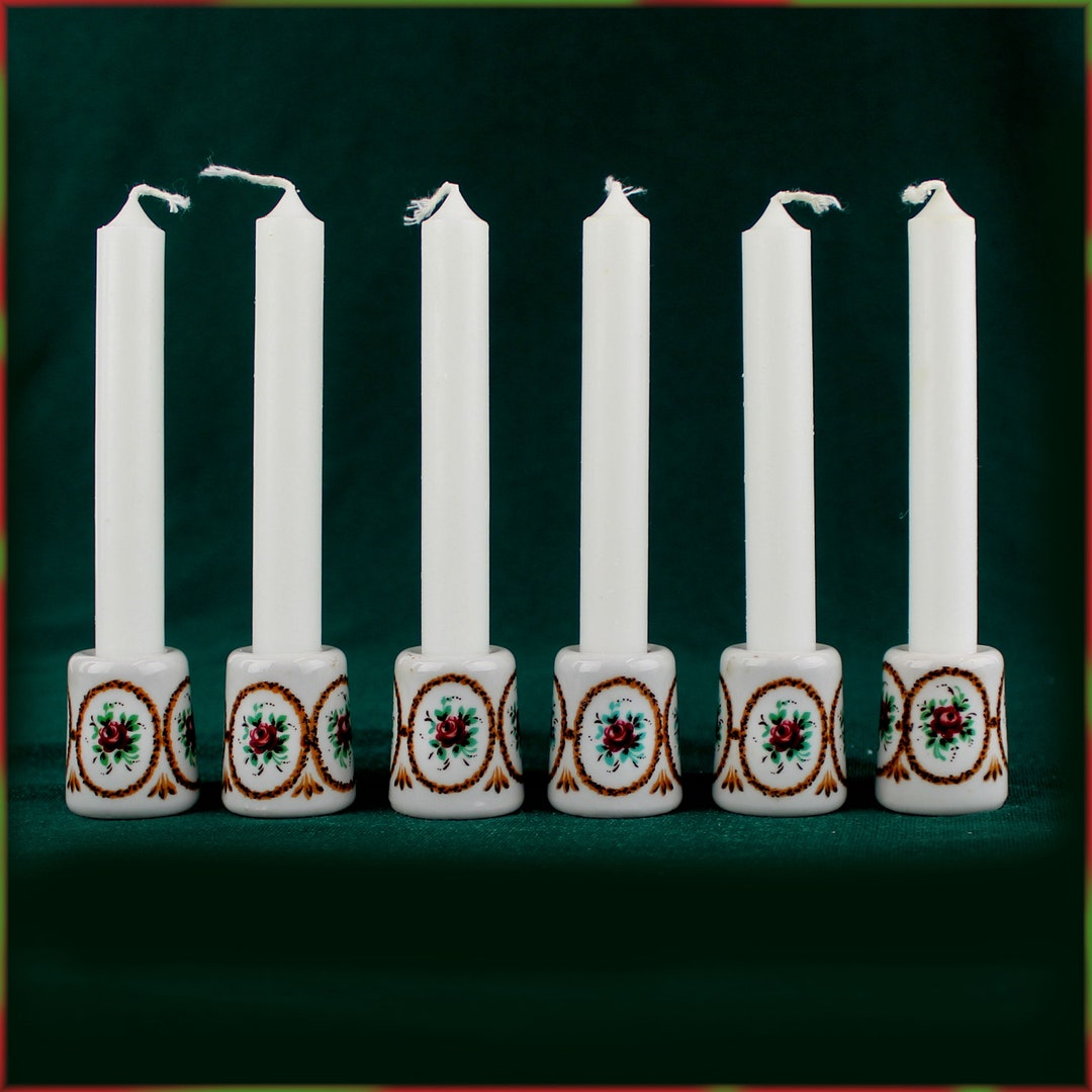 6 Mini Candlesticks With White Candles Rose West Germany Etsy