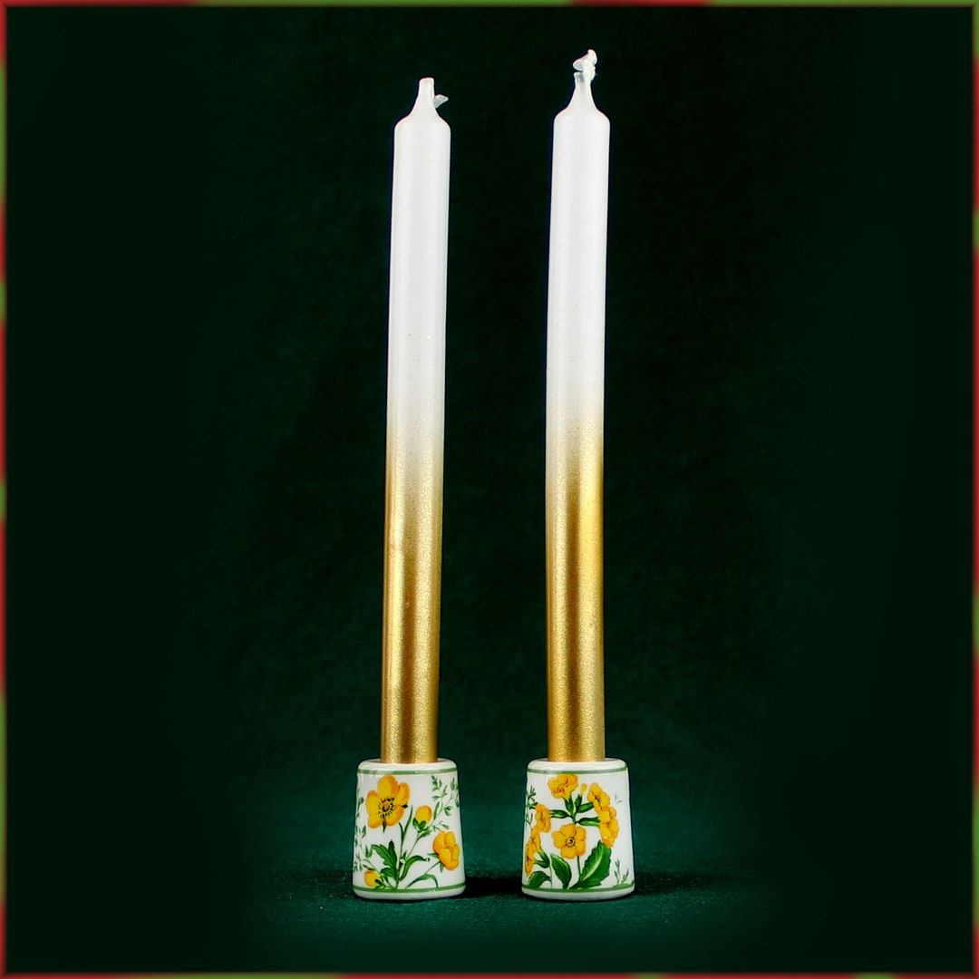 2 Mini Candlesticks With 2 Long Candles Gold White 70's Etsy