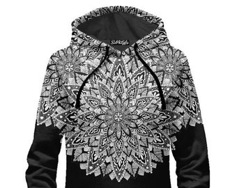 Floramandala (Front/Back) Geometric Abstract 3D Graphic Print Long Sleeve Pullover Hooded Women's Sweater Dress
