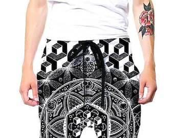 May include: Black and white sweatpants with a geometric pattern. The pattern features a mandala design with a 3D cube in the center.