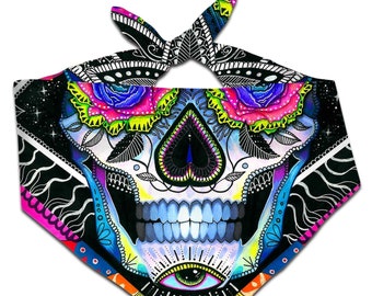 Suger Skull Psychedelic Colorful Vibrant Unisex Head Wrap, Headband, Neck warmer, and Rave Mask Bandana