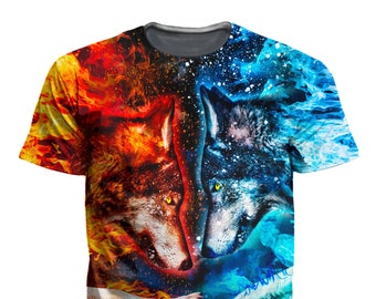 Fire and Ice Galaxy Wolves All Over Print Unisex Crew-neck T-Shirt for Raves, Festivals, and Streetwear