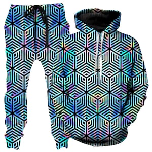 Holographic Hexagon Psychedelic Vibrant 3D Graphic Print (Front/Back) Unisex Long Sleeve Pullover Hoodie and Joggers Combo