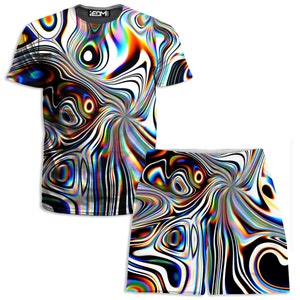 Oil Aura Psychedelic Vibrant 3D Graphic Print (Avant/Arrière) Unisex Premium Crewneck T-Shirt and Shorts Combo