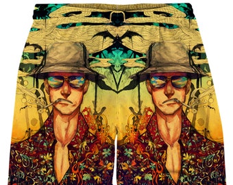 Fear and Loathing All Over Graphic Print Casual Drawstring Shorts homme pour Raves, Festivals et Streetwear