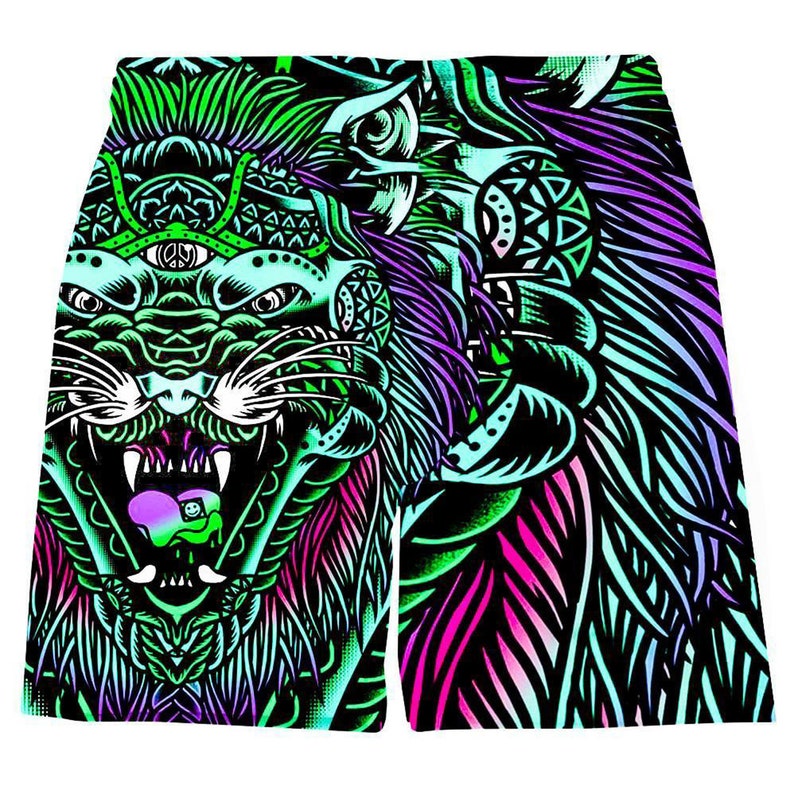 Acid Tiger Psychedelic All Over Graphic Print Drawstring Men's Shorts for Raves, Festivals, and Streetwear 