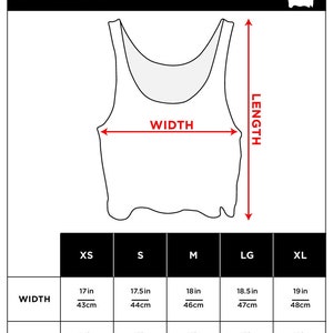 May include: A white crop top size chart with measurements in inches and centimetres. The chart includes width and length measurements for sizes XS to XL. The width ranges from 17 inches (43cm) to 19 inches (48cm), and the length ranges from 14 inches (36cm) to 18 inches (46cm).