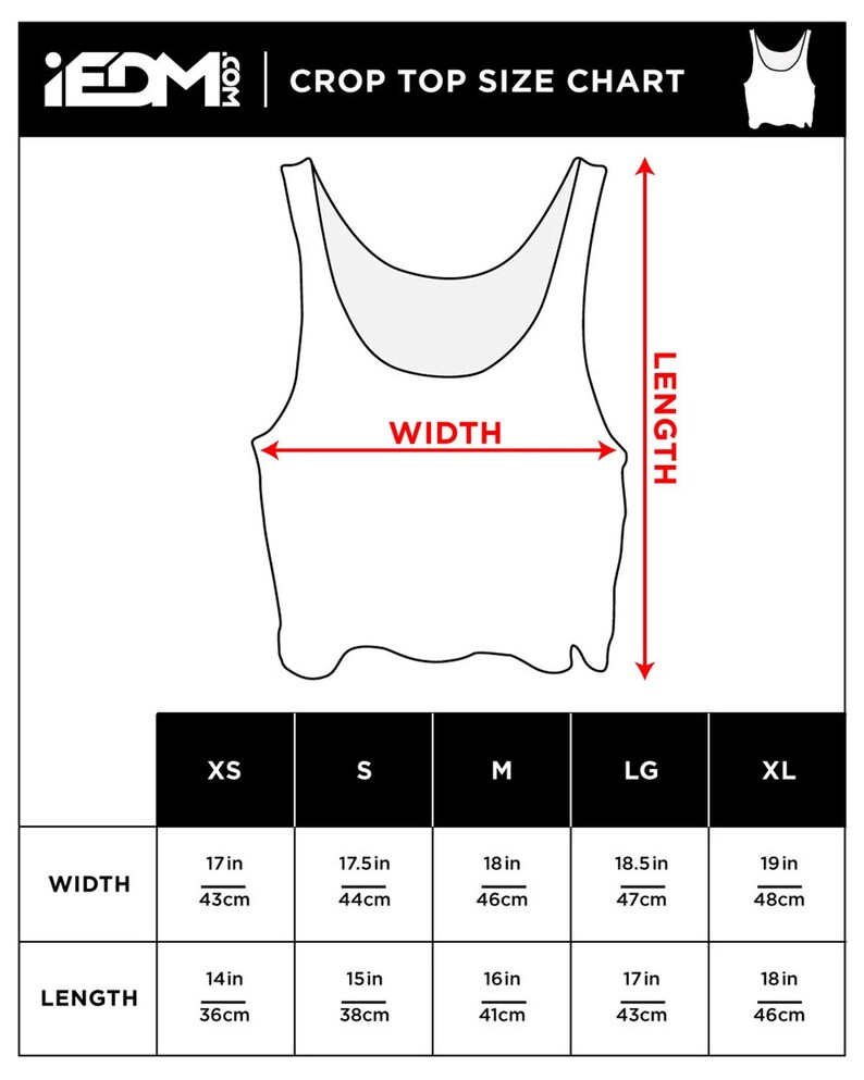May include: A white crop top size chart with measurements in inches and centimetres. The chart includes width and length measurements for sizes XS to XL. The width ranges from 17 inches (43cm) to 19 inches (48cm), and the length ranges from 14 inches (36cm) to 18 inches (46cm).