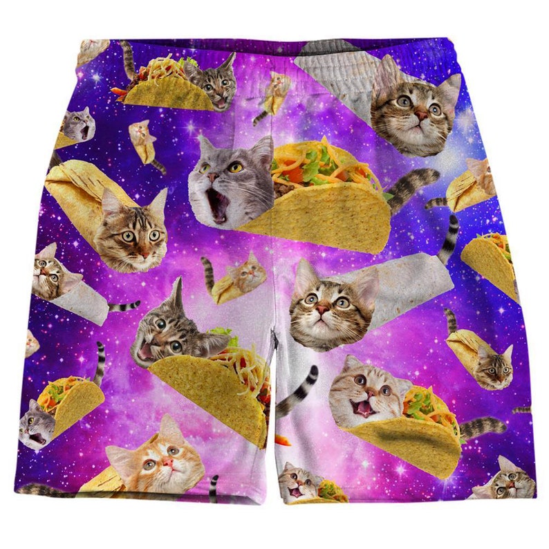 Tacos and Cats Purple Psychedelic All Over Graphic Print Drawstring Men's Shorts for Raves, Festivals, and Streetwear 