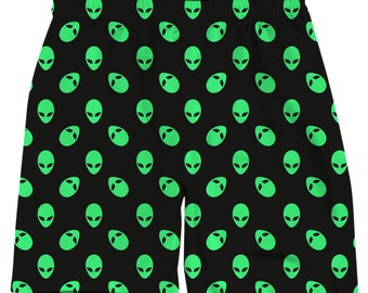 Aliens Psychedelic All Over Graphic Print Drawstring Men's Shorts for Raves, Festivals, and Streetwear