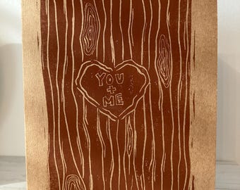 You + Me Linocut Print: 5x7 Valentine Greeting Card