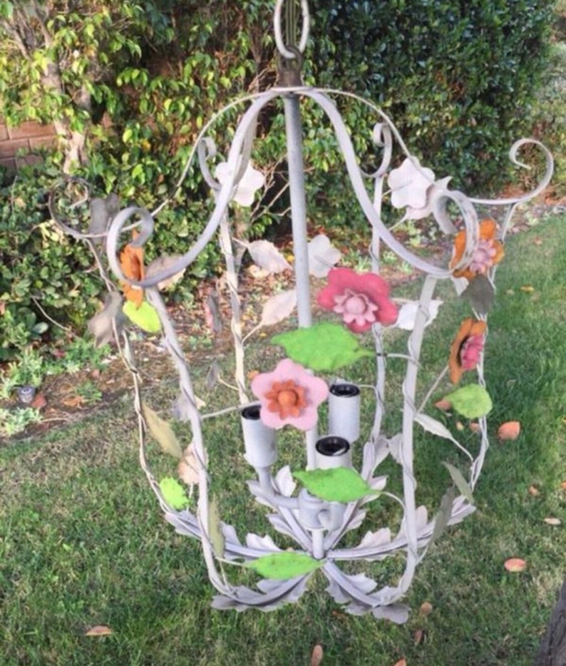 Pretty Vintage Metal Tole Chandelier Painted Flowers Swag